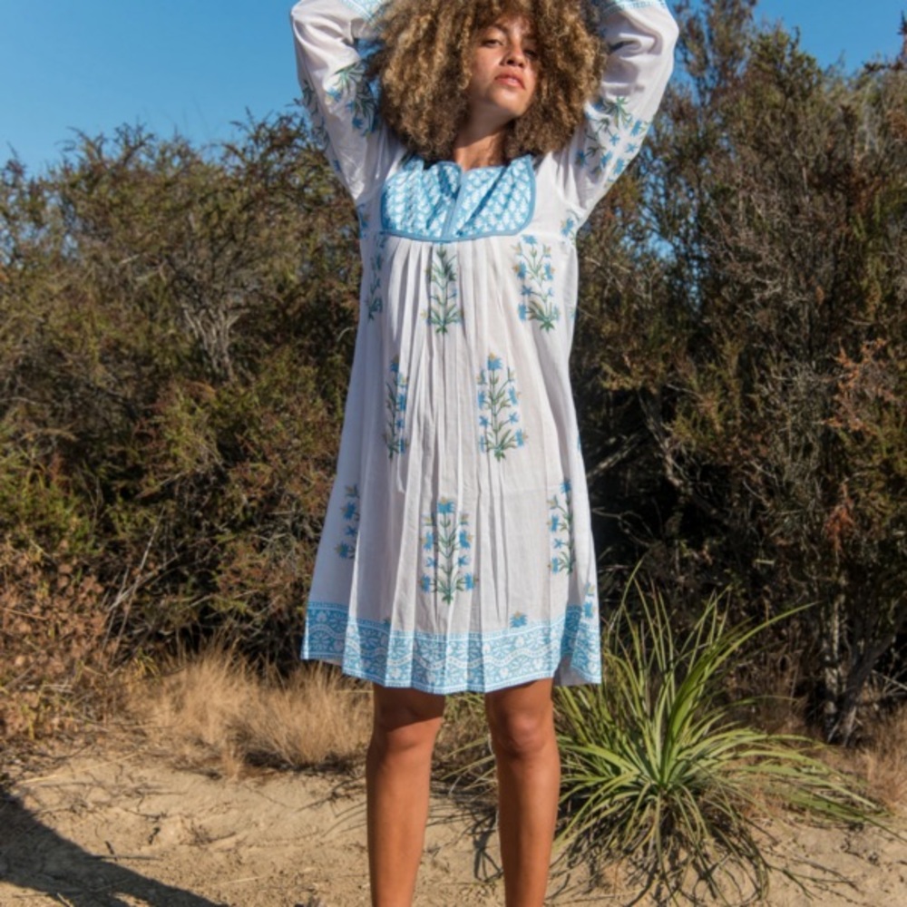 SZ Blockprints Jaipur Dress in Cornflower Blue / Sand Lily Print - Size S
